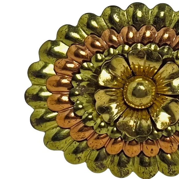 Oval Copper & Gold Tone Layered Flower Brooch With Pin Clasp (5734) - Picture 4 of 7